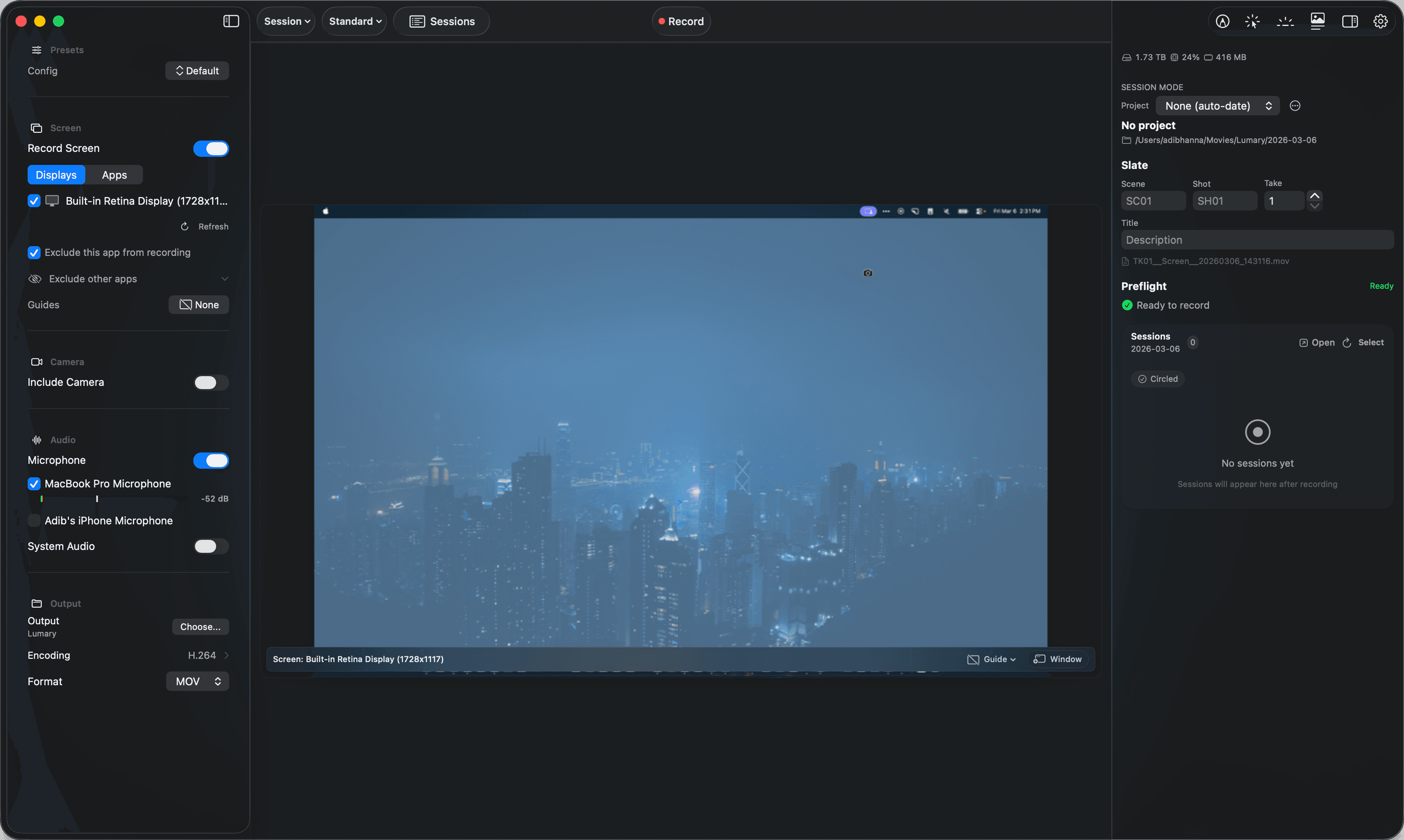 Lumary app interface showing screen recording controls, audio settings, and session management