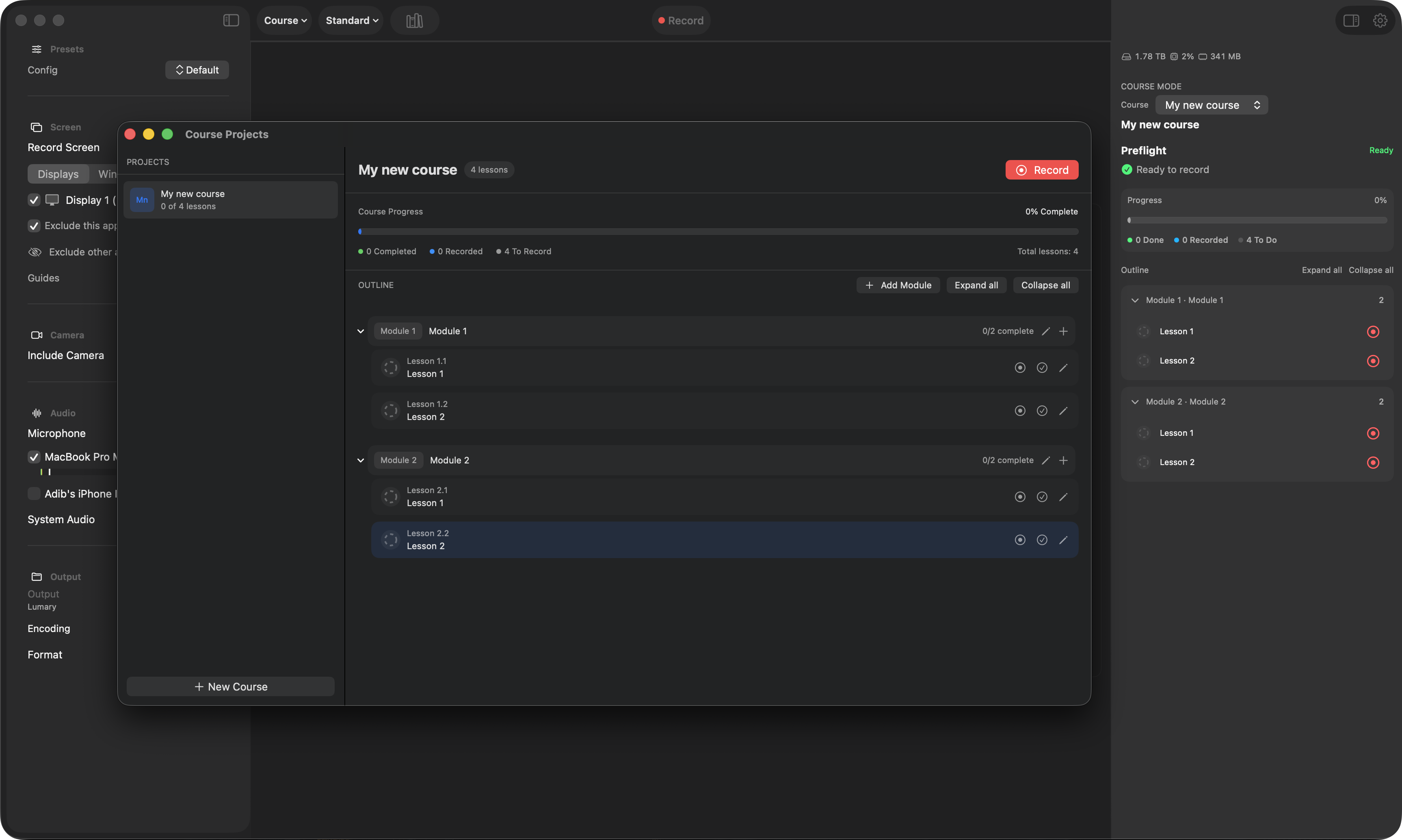 Lumary Course Mode showing course outlines, module organization, lesson tracking, and recording controls
